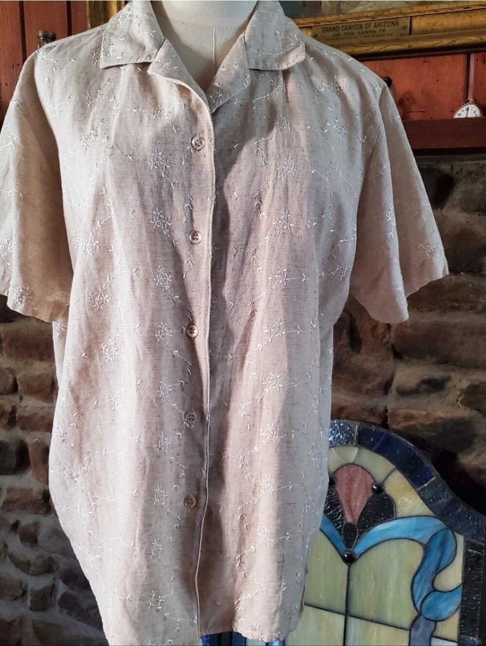 Lemon Grass Linen Blend Embroidered Button Quiet Luxury Shirt Beige Khaki Large